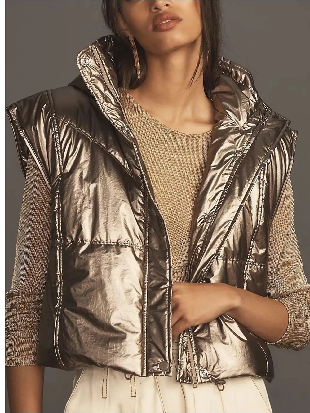 Women's Metallic Bronze Puffer Vest - Sleeveless Shimmer Coat